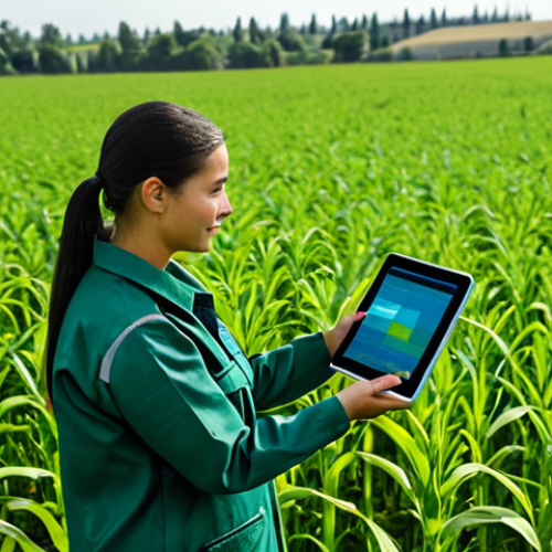 Home 6 A professional female agronomist, fully clothed in a modest, modern field uniform, is standing in a vast, vibrant green agricultural field. She holds a tablet, displaying complex data visualizations related to crop health and weather forecasts. In the distance, a small, advanced agricultural drone is subtly visible, flying over the crops, symbolizing aerial monitoring. The image is captured with professional photography, showcasing accurate details, perfect anatomy, correct proportions, a natural pose, well-formed hands, and proper finger count. This is safe for work, appropriate content, and fully clothed, conveying a professional and technologically advanced approach to farming.