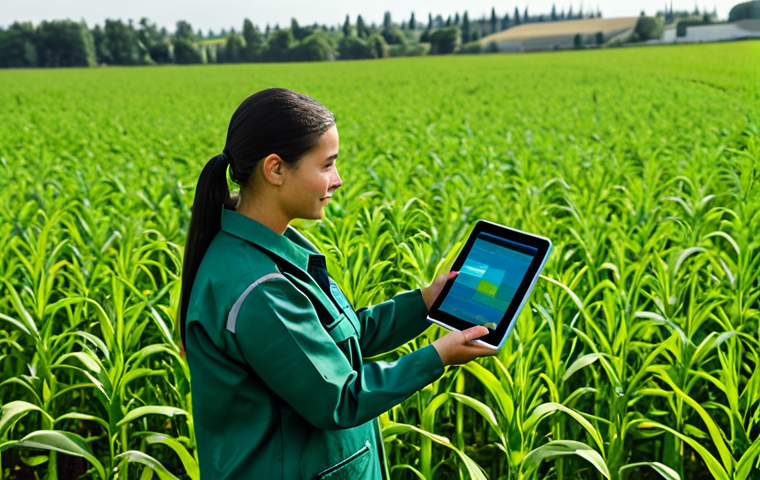 A professional female agronomist, fully clothed in a modest, modern field uniform, is standing in a vast, vibrant green agricultural field. She holds a tablet, displaying complex data visualizations related to crop health and weather forecasts. In the distance, a small, advanced agricultural drone is subtly visible, flying over the crops, symbolizing aerial monitoring. The image is captured with professional photography, showcasing accurate details, perfect anatomy, correct proportions, a natural pose, well-formed hands, and proper finger count. This is safe for work, appropriate content, and fully clothed, conveying a professional and technologically advanced approach to farming.