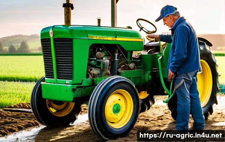 농기계 유지보수 방법 - **Prompt:** A seasoned, middle-aged farmer, wearing sturdy, practical work attire and a weathered ca...