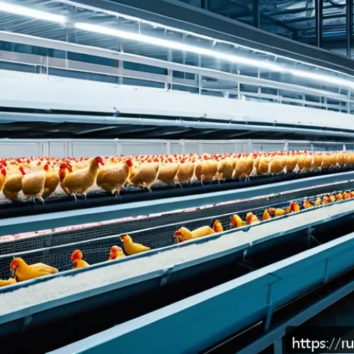Home 13 양계업 자동화 시스템 - A modern poultry farm interior showcasing an advanced climate control