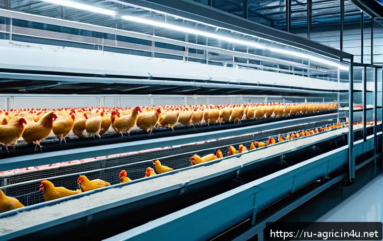 양계업 자동화 시스템 - A modern poultry farm interior showcasing an advanced climate control