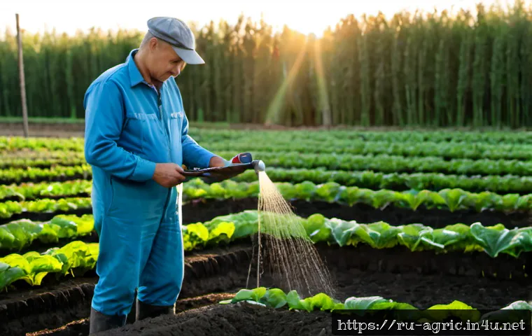 Home 15 친환경 농업 기술 - Photorealistic sustainable agriculture scene in rural Russia, a middle-aged farmer in practical work...
