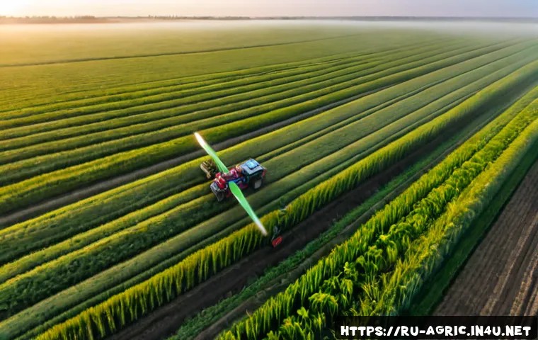 드론 농업 활용법 - Photorealistic wide aerial view of a modern Russian grain farm at sunrise, a quadcopter agricultural...